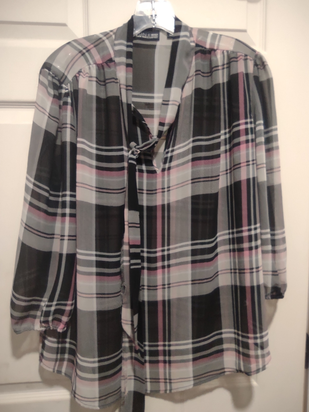 Chiffon Plaid Tie-Neck Blouse - Black, Gray & Pink